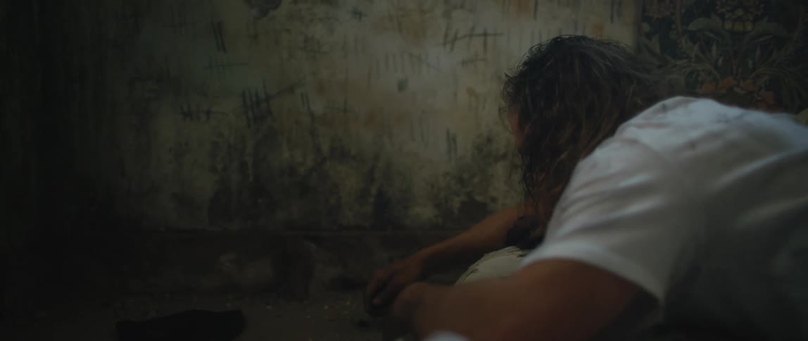 A man lying on a mattress in a filthy room lifts his head and picks up a piece of chalk and draws a line on the wall and lies back down