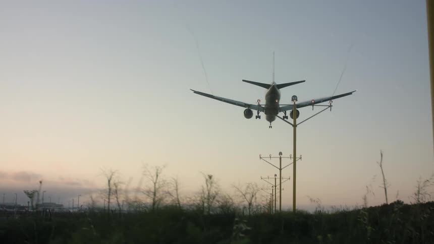 An airplane flies low over utility poles and trees as it comes in for a landing