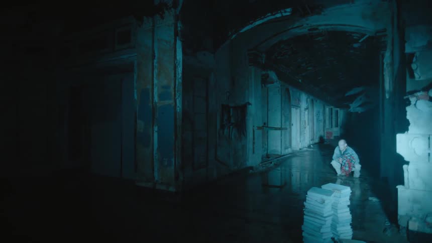 A person looking around in an abandoned building and finding a man