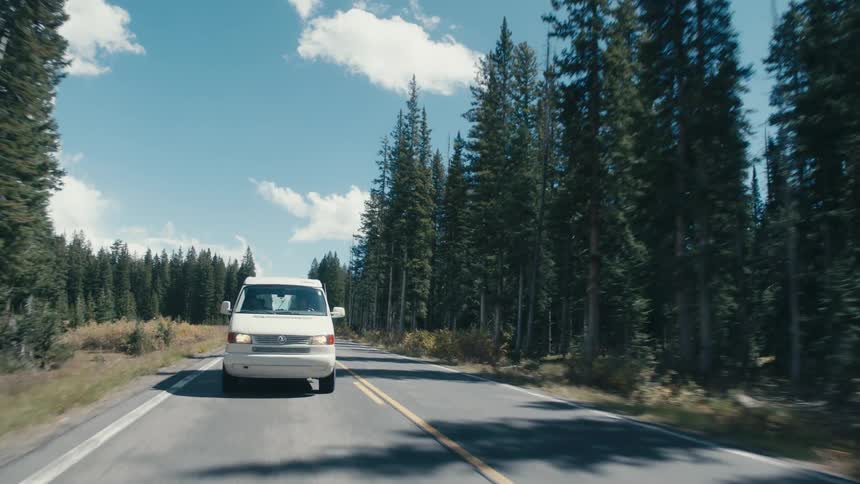 A white van travels on a rural highway with evergreen trees on both sides on a bright sunny day