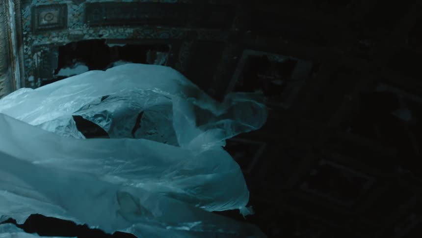 White sheets of plastic waving on the wind under the ruined ceiling of an abandoned building
