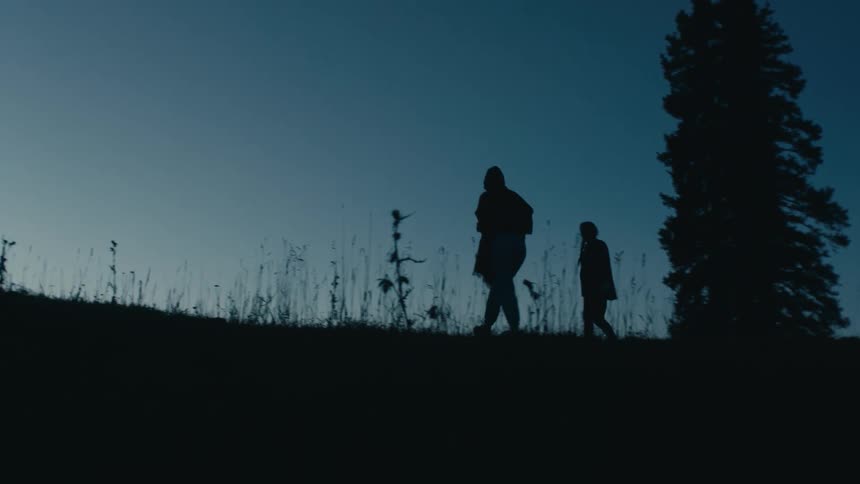 The silhouettes of a pair of people walking through a field in the evening