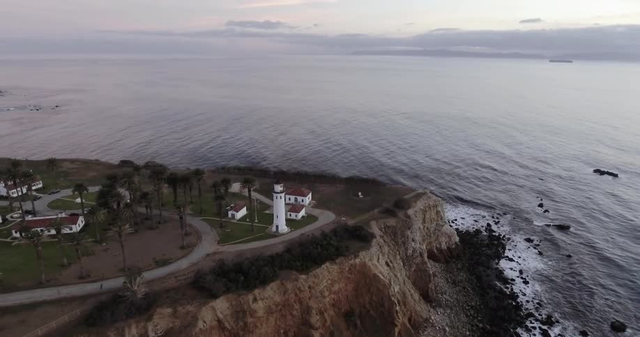 Aerial view of a lighthouse near the shore