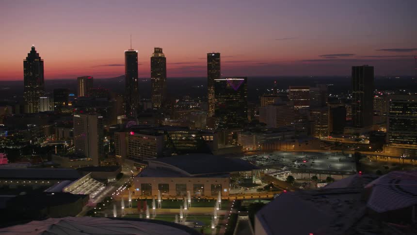 An aerial view of high rise office buildings in a downtown area