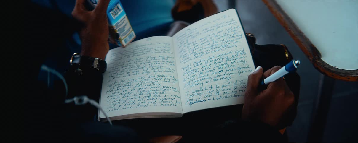 A woman is sitting down writing in a notebook