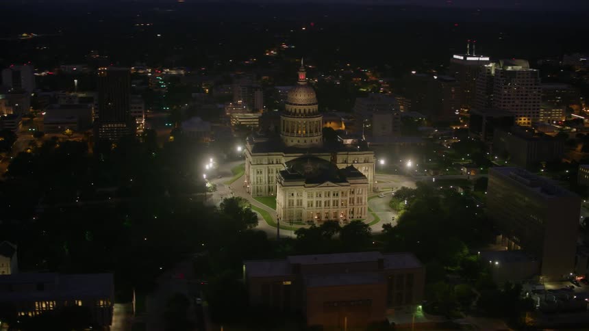 Aerial view of the texas capitol building at night