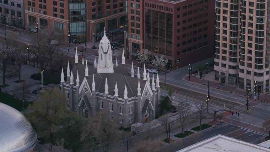 The salt lake assembly hall in temple square surrounded by quiet empty streets