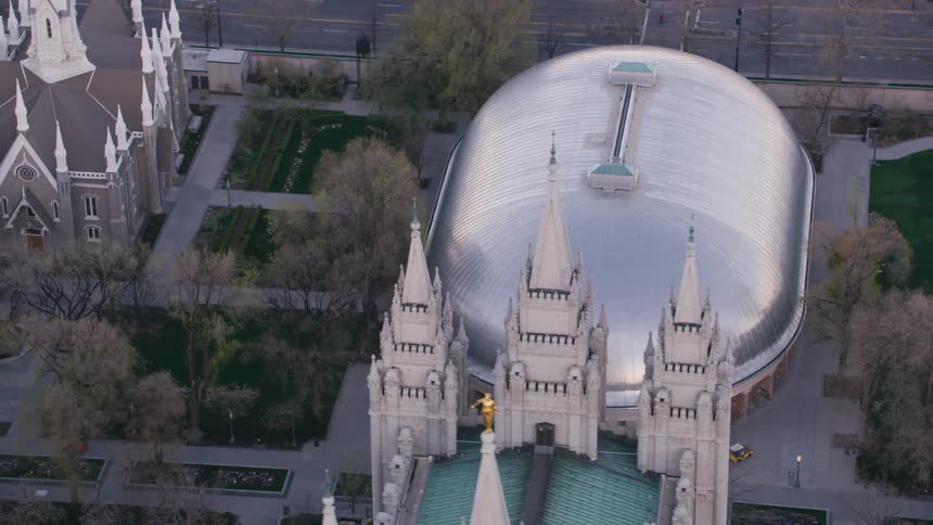 Aerial view of the shiny silver roof of a building on a park in a small city
