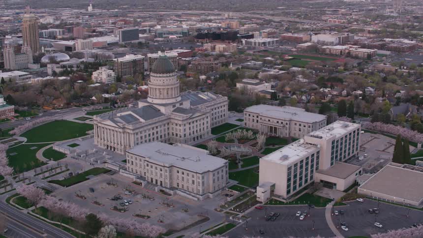 Aerial view of a downtown city in the spring time is displayed