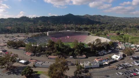 A stadium on a partly cloudy day
