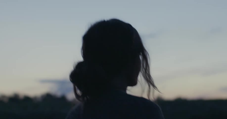 Woman silhouetted against pink tinted horizon walks in field bordered by woods