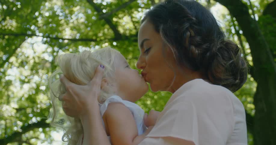 A woman is standing outside holding her little girl and gives her a kiss