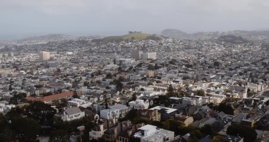An aerial view of houses in a neighborhood in a city