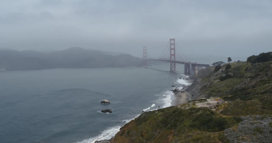Waves crash onto the shore below a promontory near the golden gate bridge