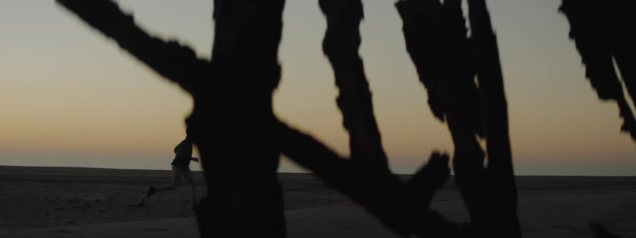 Silhouette of someone running near wreckage on a beach