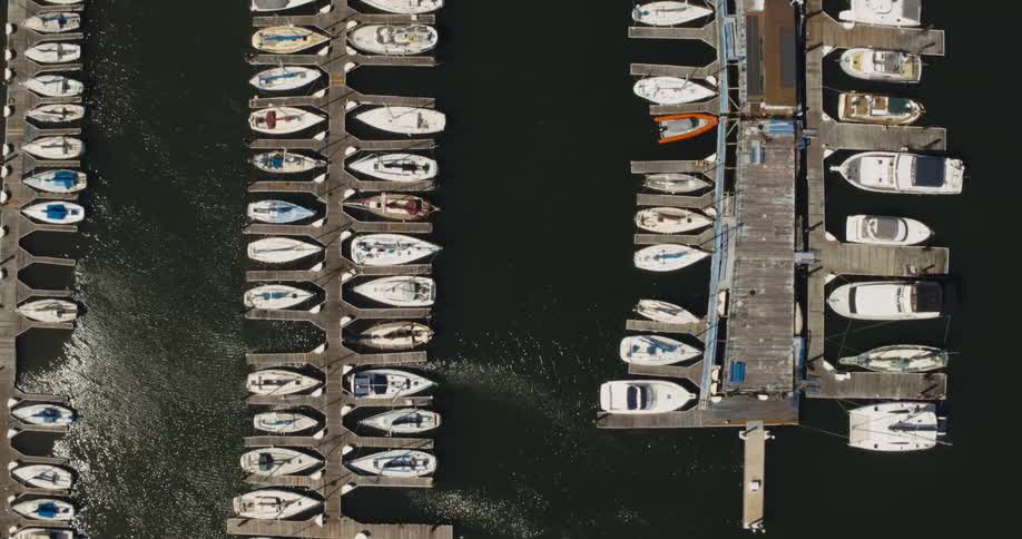 Aerial view of boats lying at anchor in the harbour