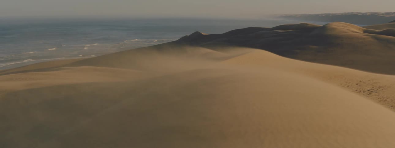 Wind blowing sand over dunes on coastline