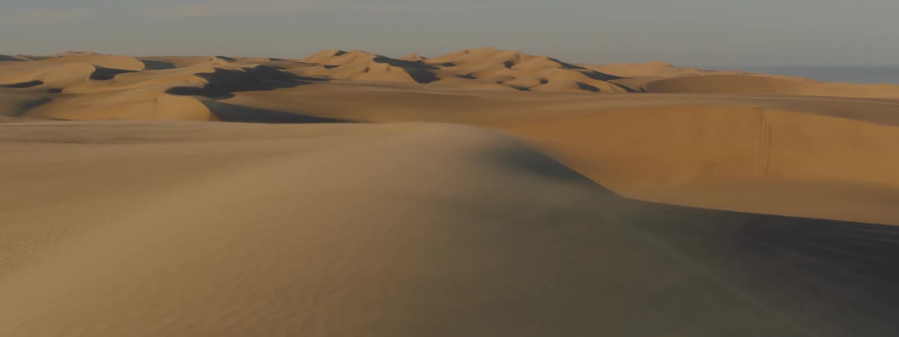 Wind blows sand across the desert dunes