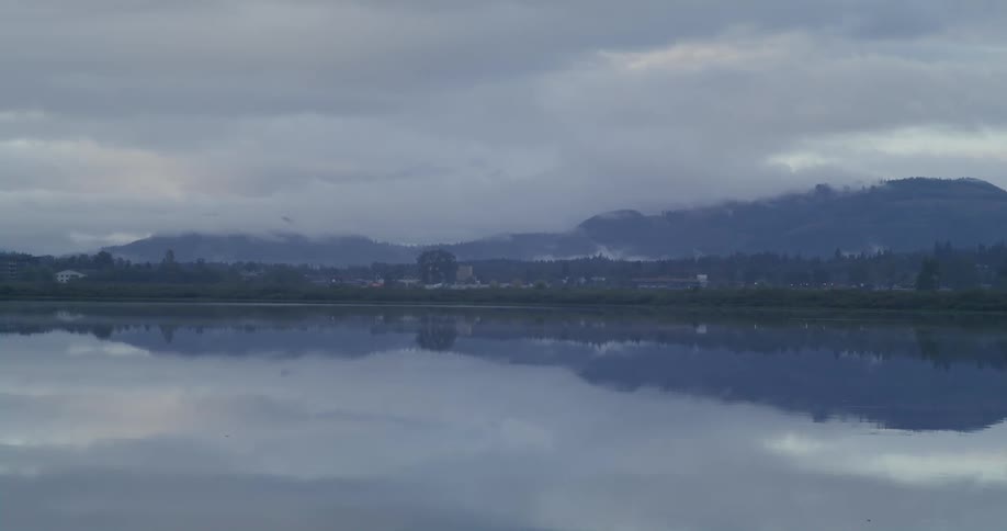 Reflection of trees and clouds covering mountains on a lake in the country