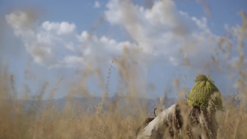 A girl is walking through tall yellow grass before picking up a stick