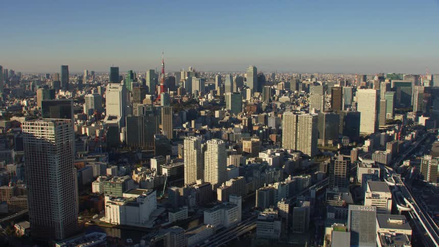 Aerial view of tall skyscrapers in a downtown city