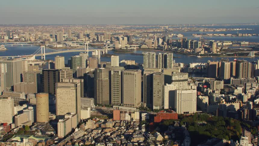 A neighborhood of single family homes sits below tall skyscrapers in a city along the coast
