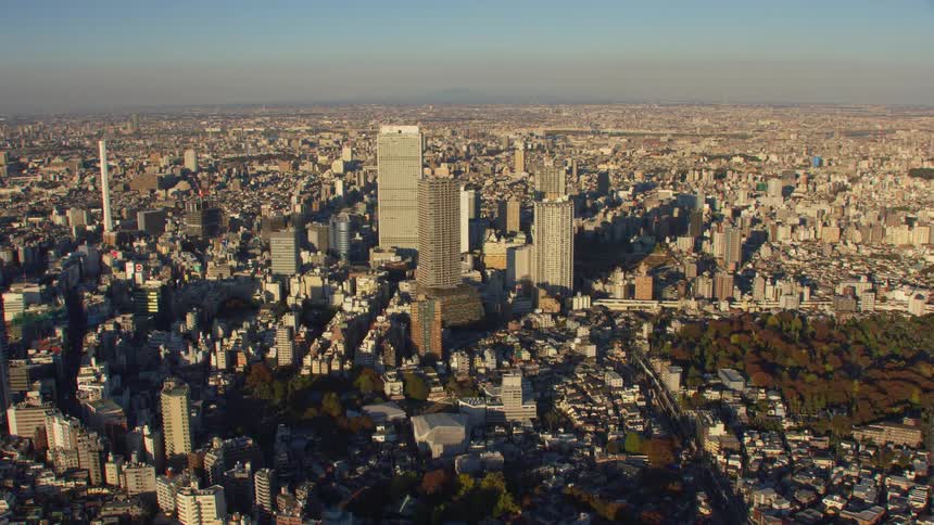 Aerial view of a downtown city with tall buildings