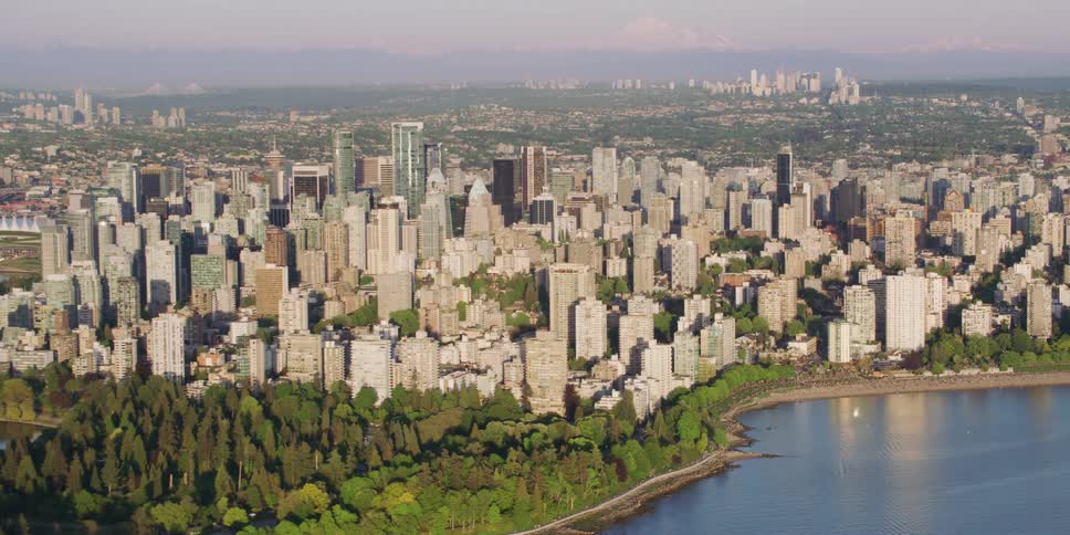 Downtown sits near a forest on a peninsula along the coast