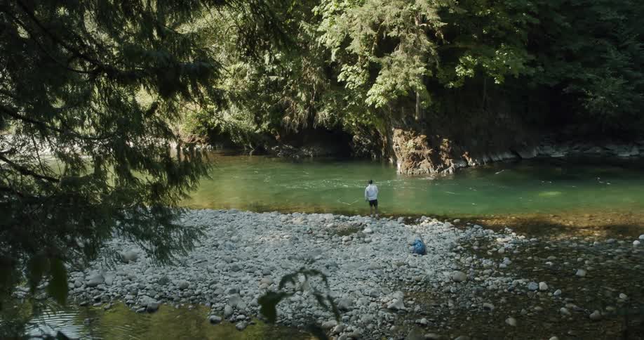 A man is fly fishing in the river