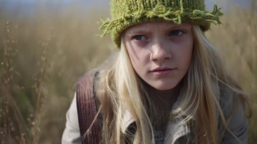 A girl is sitting in tall grass