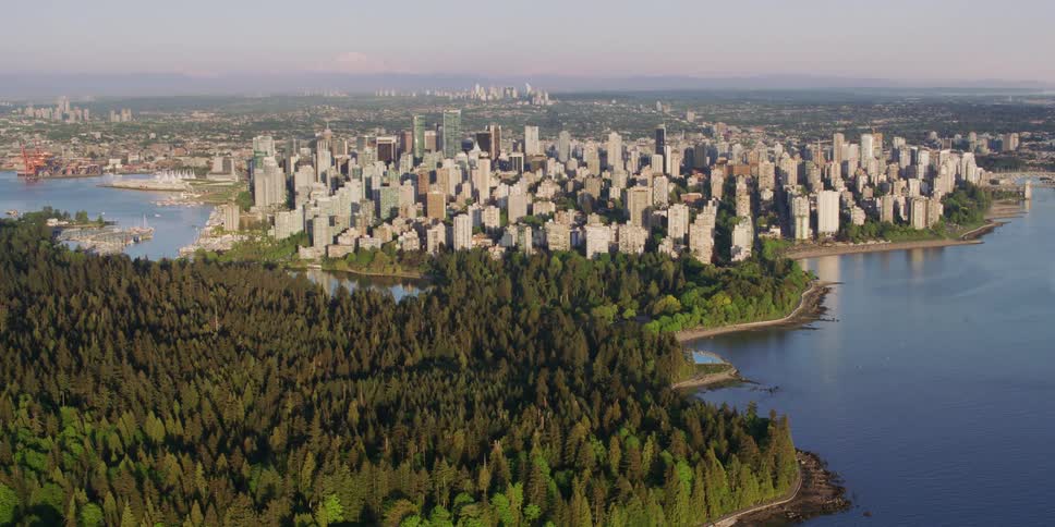 Skyscraper filled city sits near forest and is bordered by water on multiple sides