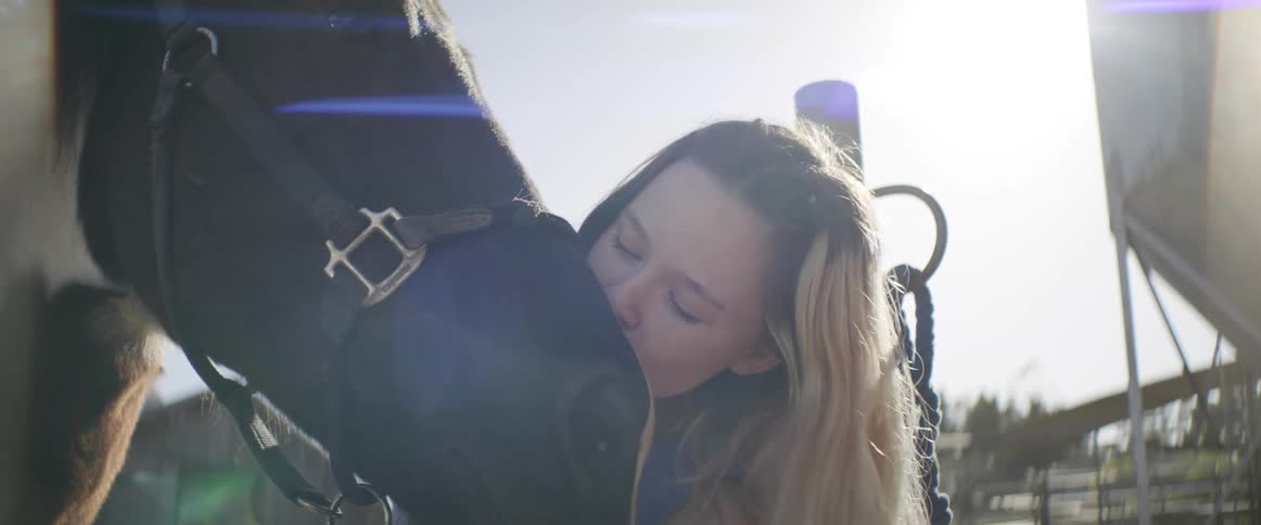 A woman is petting a horse at a farm at dusk