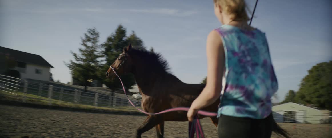 A woman leads a horse around a pasture as her daughter follows behind them