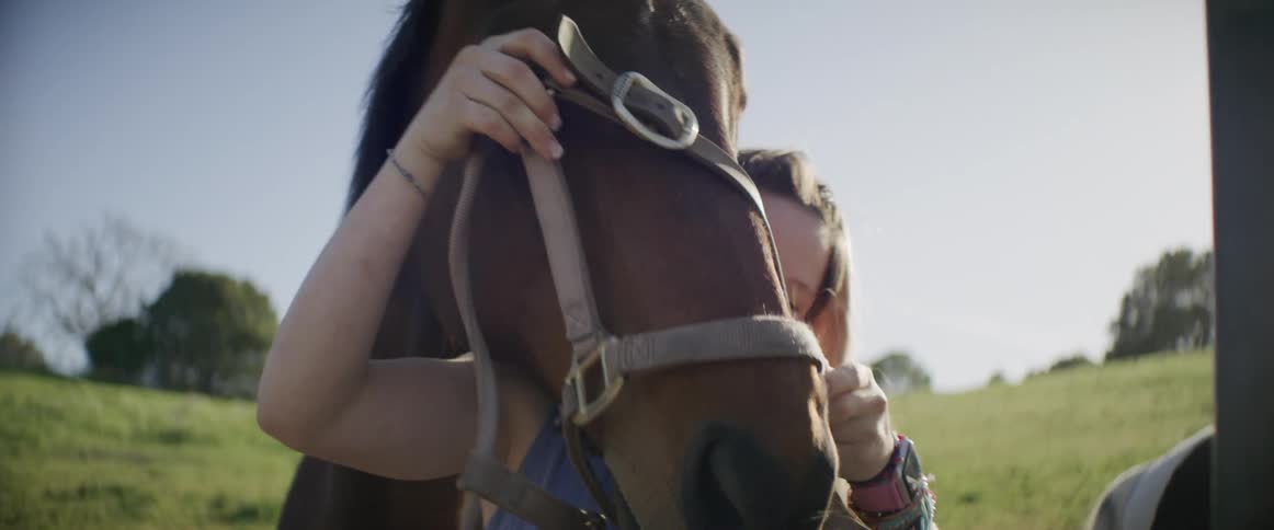 A woman trying to place a halter on a horse smiling as she works