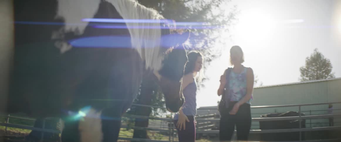 A girl walks in a pasture as a horse follows her and her sister puts her hands out to the horse