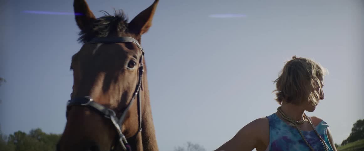 A woman in a pasture holds on to a horses reins as she talks to her daughter