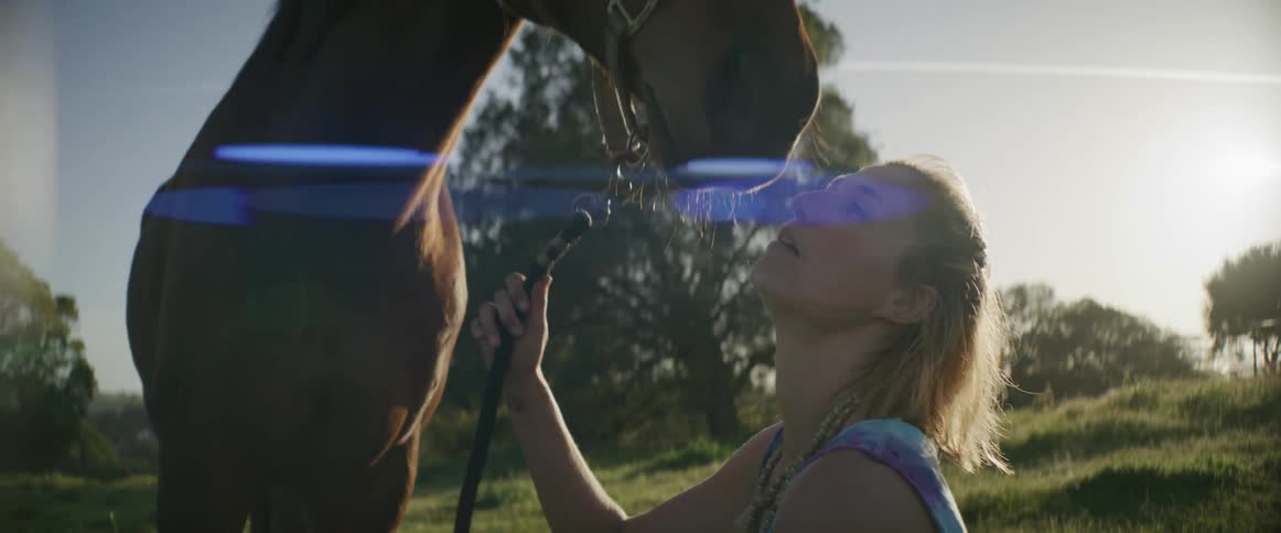 Woman sits then stands next to horse kissing the animal multiple times on a bright sunny day