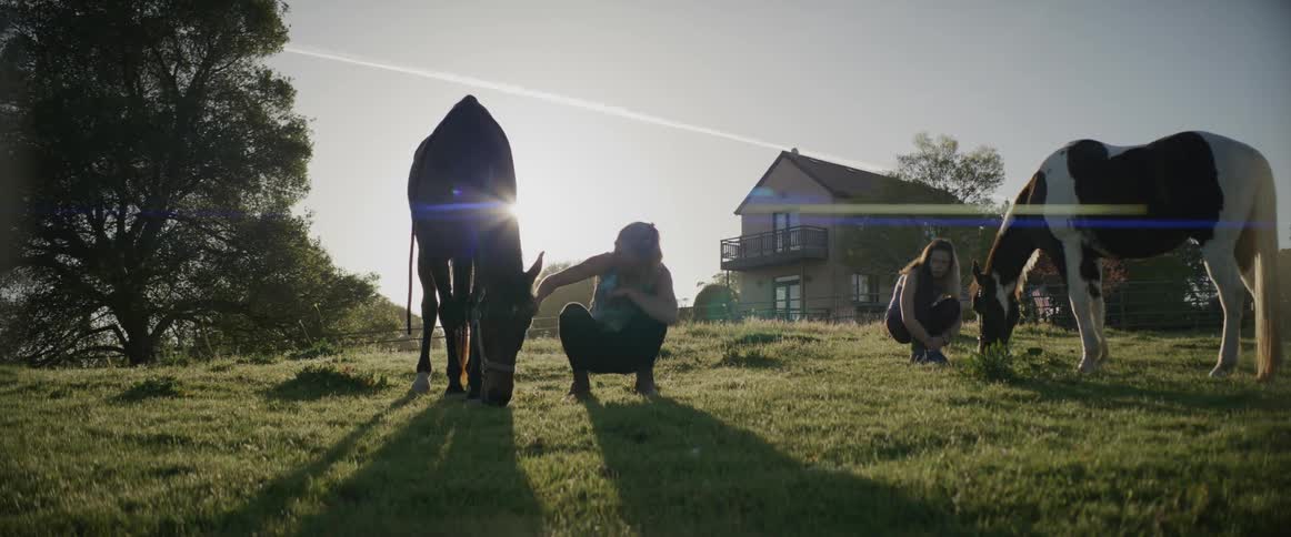 Two women pet the horses as they graze