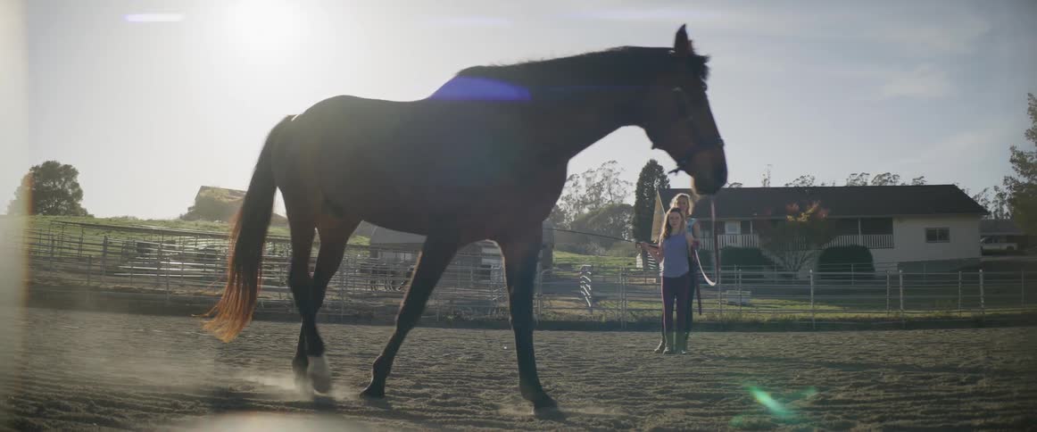A woman and her daughter walk their horse in a riding arena