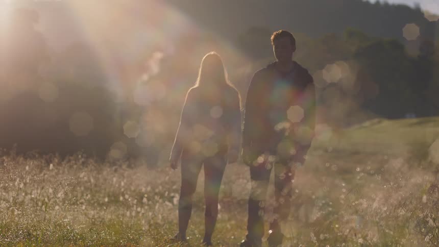A couple walk through a golden field together