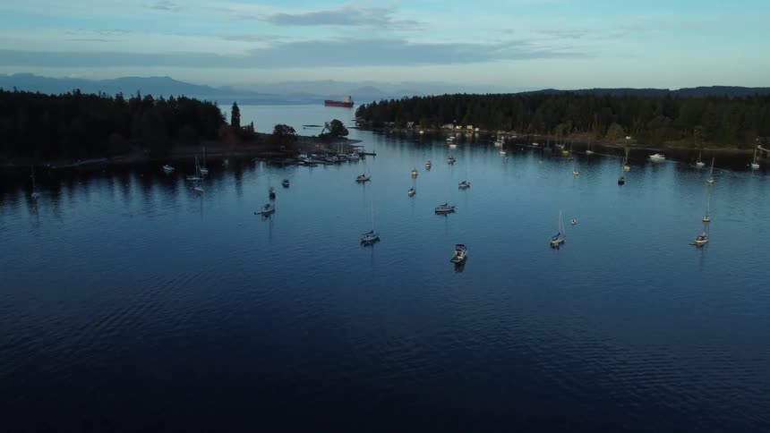 Conifer forests sits near narrow opening in water with sailboats on one side and ship and mountains on the other