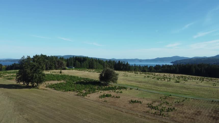 Open farmland and a house sitting near a forest of trees along the coast and mountains in the distance
