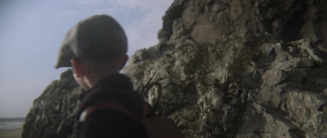 A boy is holding a stick by some rocks