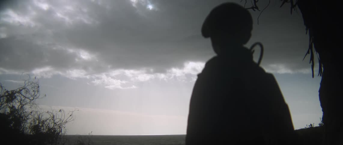 A child looks towards the water on a cloudy day