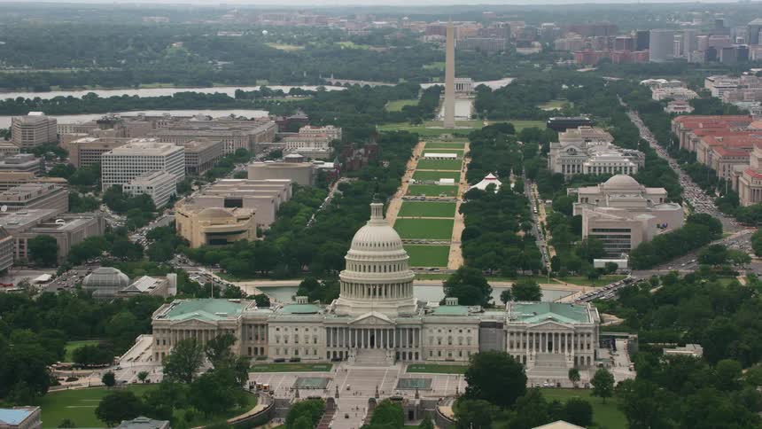 Aerial view of the dome of the united states capitol building at dusk
