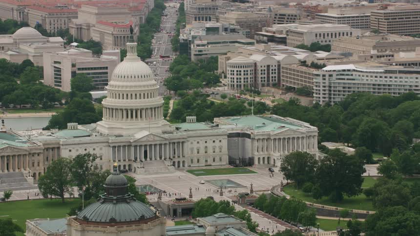 Aerial view of the dome of the united states capitol building at dusk