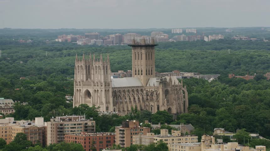 Aerial view of a city is displayed in the spring time