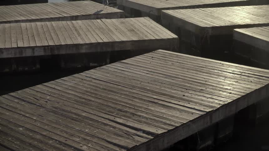 Wooden pallets are floating in the water