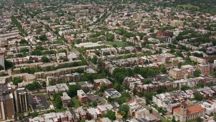 Aerial view of a suburban area in the spring time