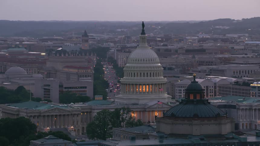 Aerial view of the dome of the united states capitol building at dusk